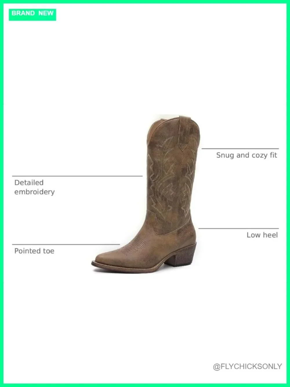 Mid Calf Cowboy Boots with Floral Embroidery Side Zipper Chunky Heel